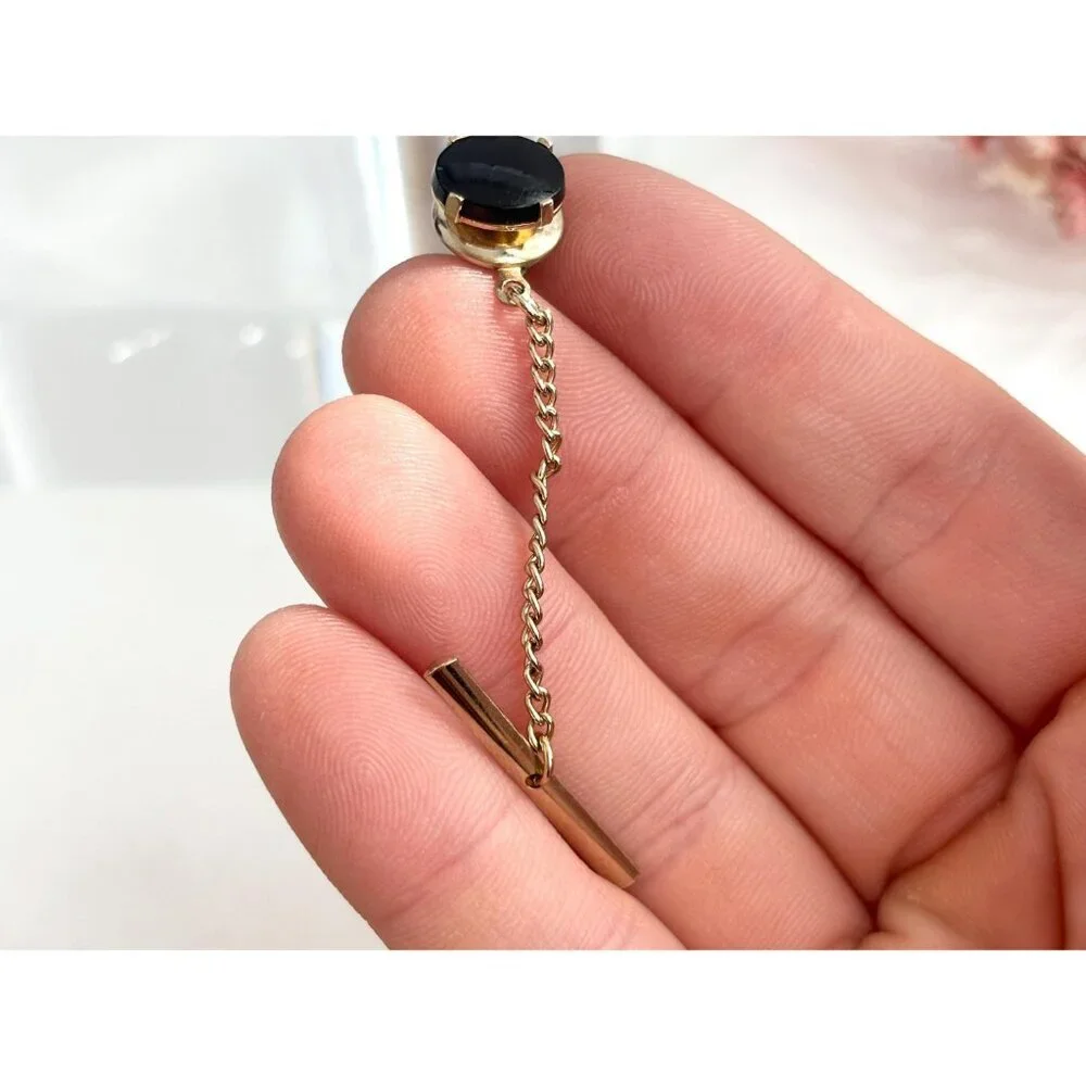 Faux Black Onyx Stone Silver Toned Vintage Men's Tie Tack